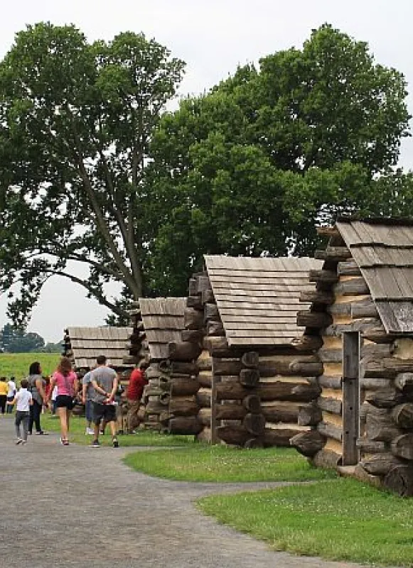 People walking down a path between log cabins
