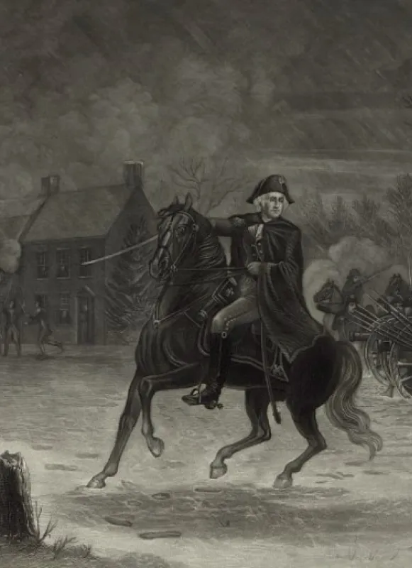 George Washington on horseback leading Continental forces during the Battle of Trenton.