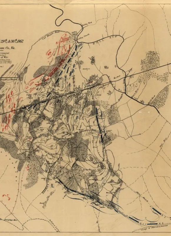 Detailed topographical map of the Second Battle of Bull Run battlefield showing troop positions, terrain features, and military landmarks near Groveton, Virginia.