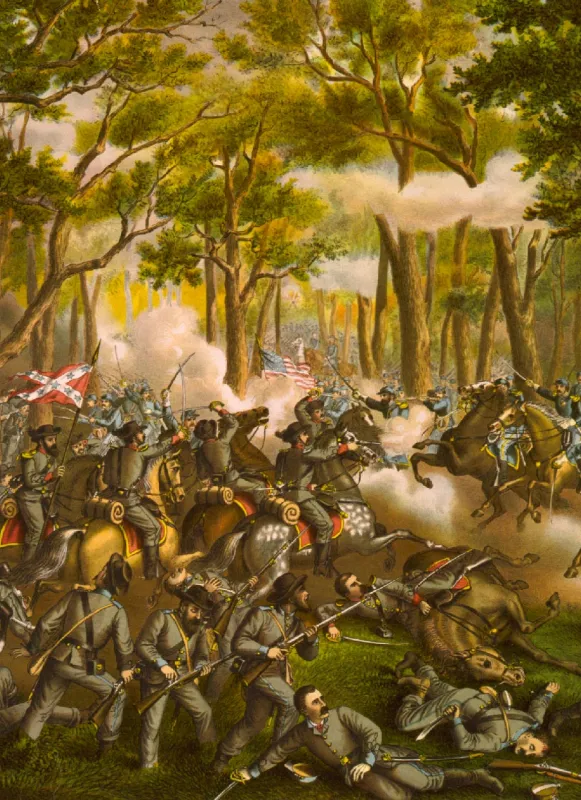 Color lithograph by Kurz & Allison depicting Union and Confederate soldiers fighting amid the dense woods during the Battle of the Wilderness on May 6, 1864.