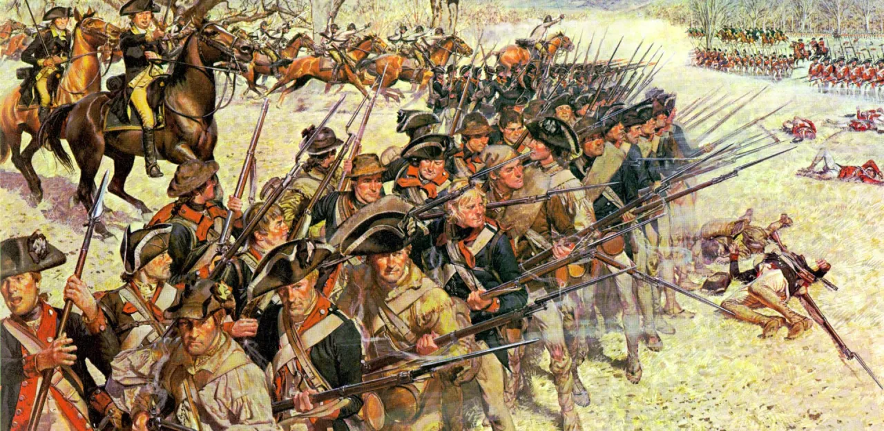 This is an image of troops and cavalries assembling at Guilford Courthouse. 