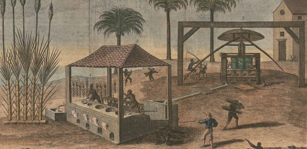 Print shows sugarcane processing, probably in the West Indies, with an overseer directing others at a press and boiling operation.