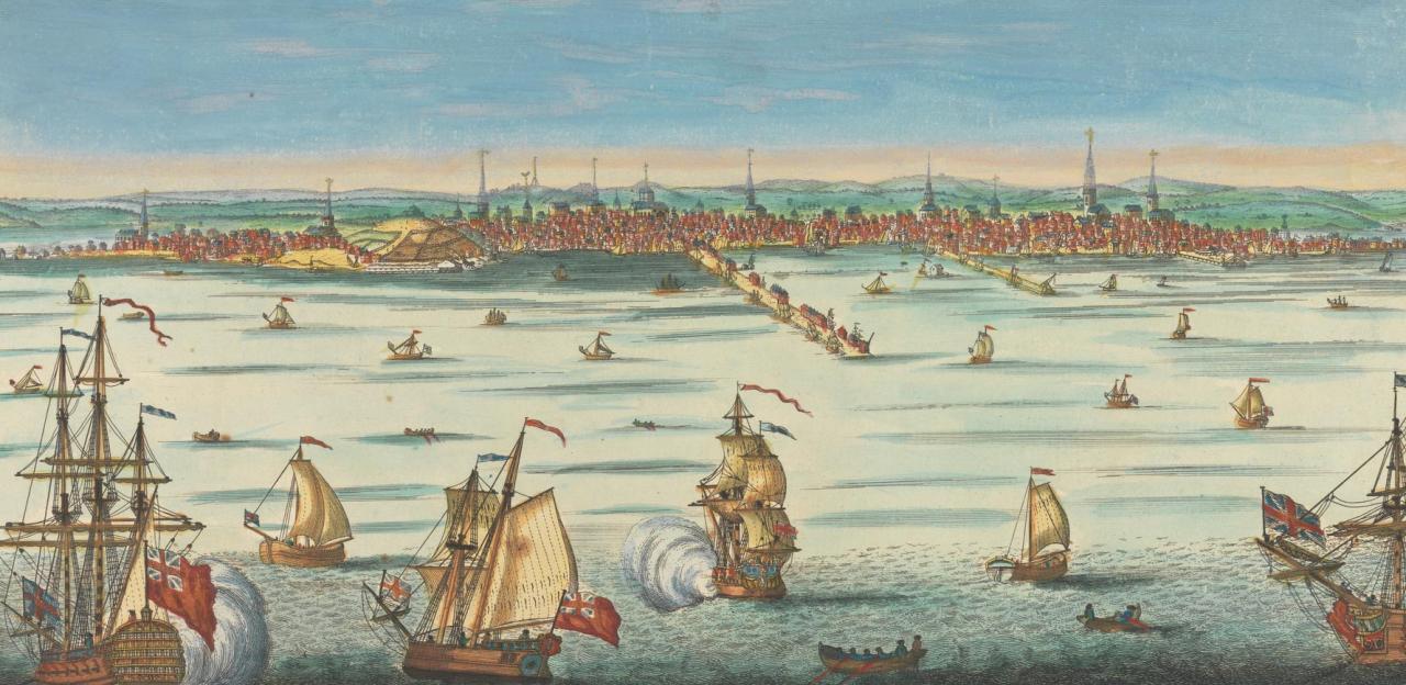 Hand-coloured engraving of the South-East View of Boston