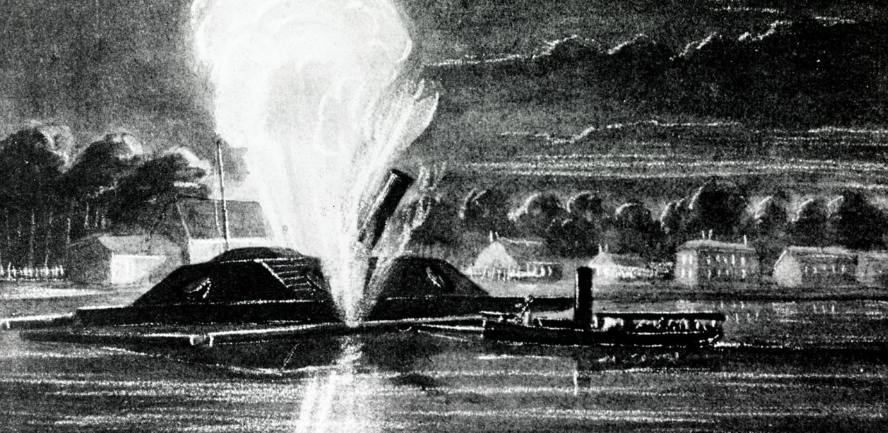 A torpedo hits an ironclad at night in this black and white illustration.
