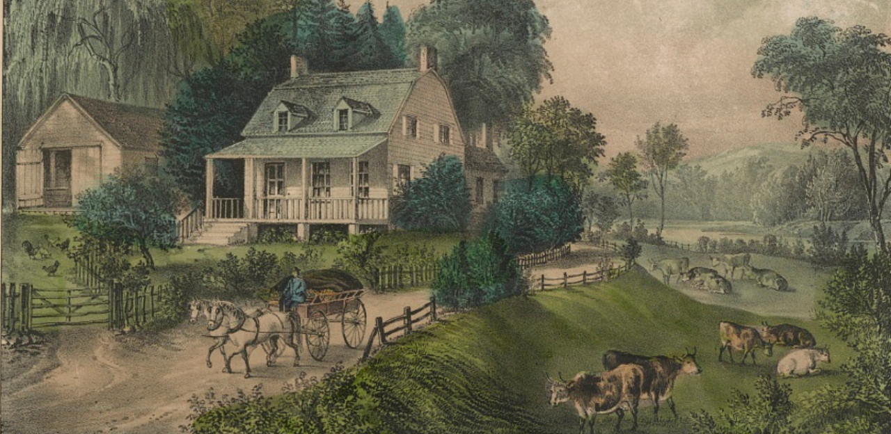 Print of a log cabin with grazing animals in the foreground.