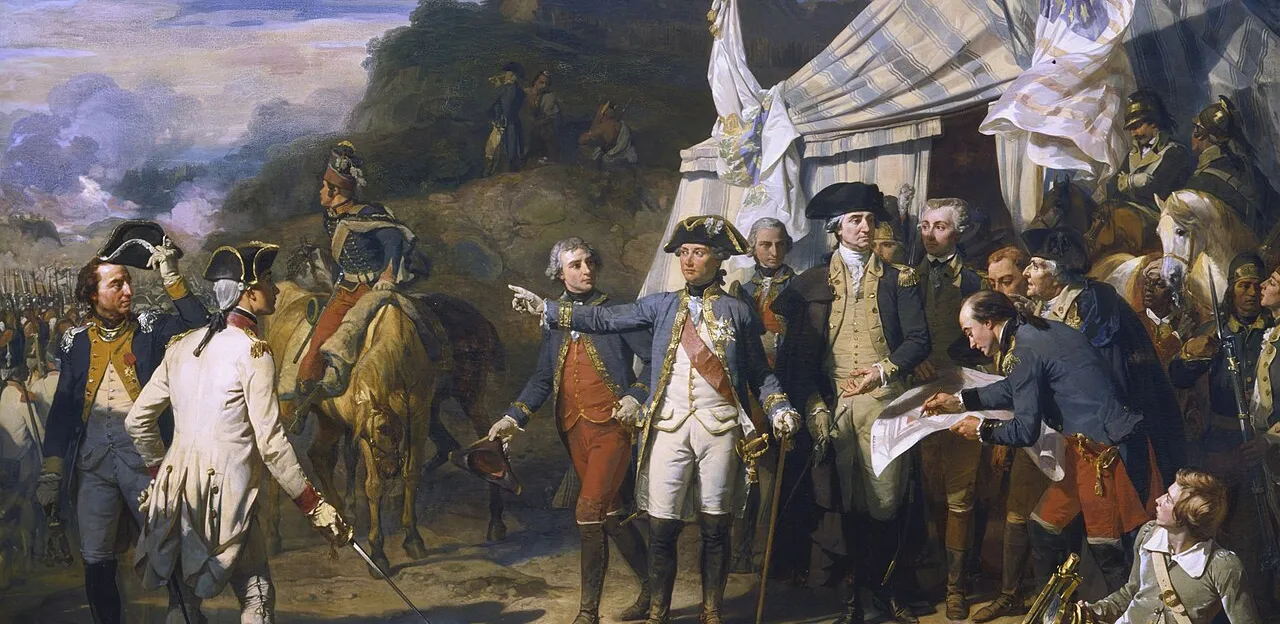 Historical painting depicting George Washington and allied French commanders, including the Comte de Rochambeau and Marquis de Lafayette, during the 1781 Siege of Yorktown.