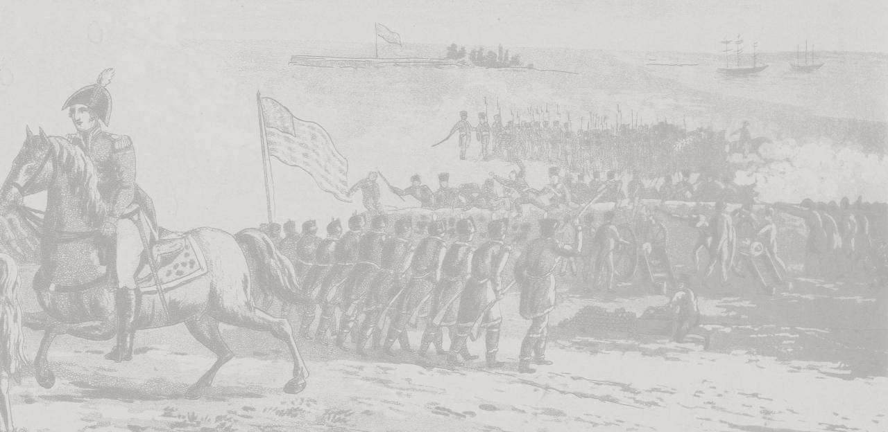 Cropped view of an engraving recolored in light greyscale tones shows General Jackson on a horse with American soldiers fighting the British in the background.