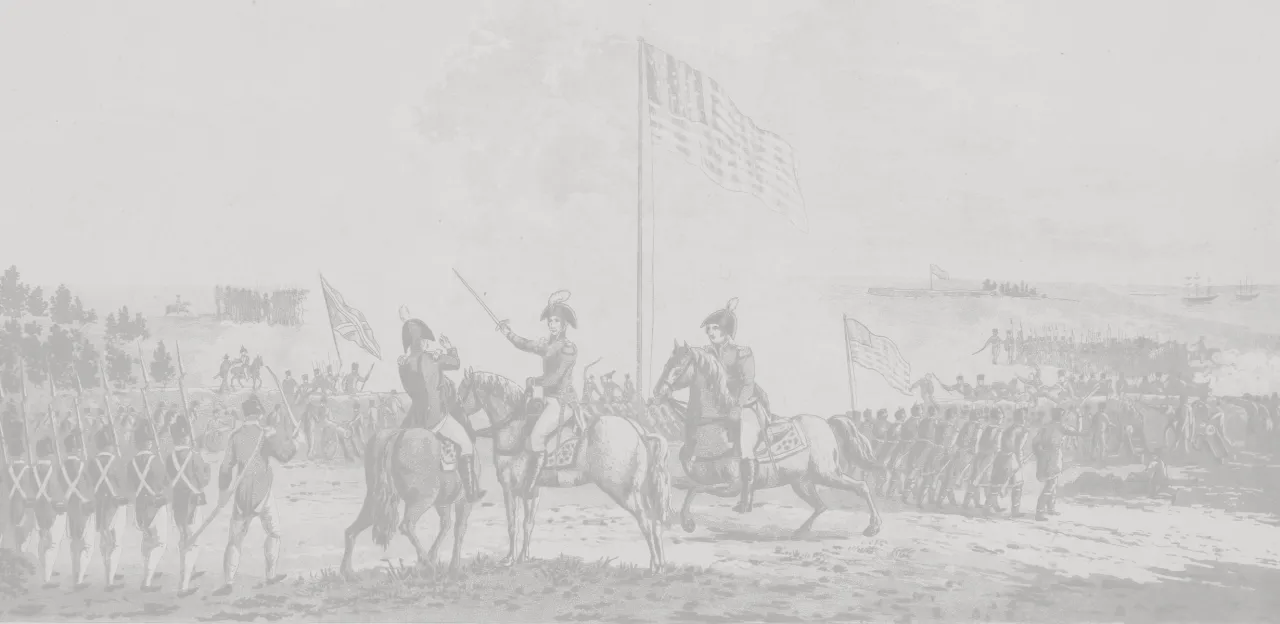 Cropped view of an engraving recolored in light greyscale tones shows General Jackson on a horse with American soldiers fighting the British in the background.