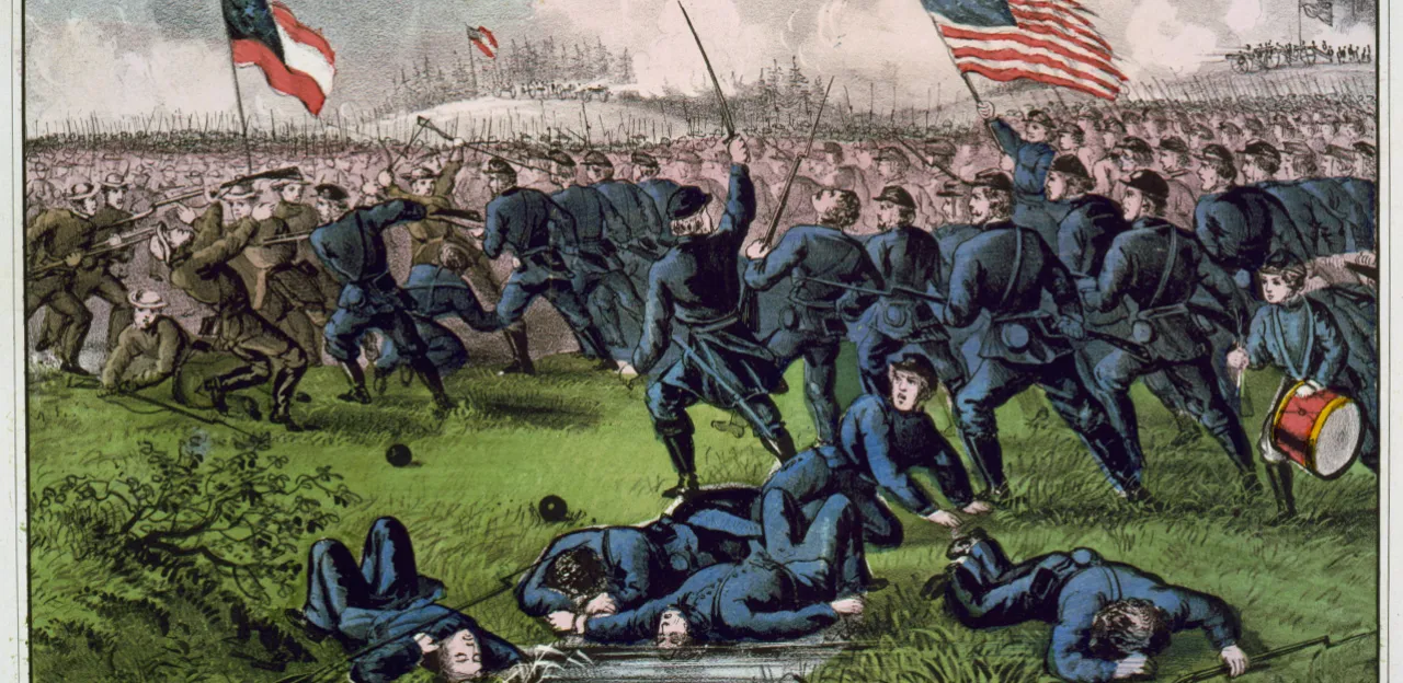 A color lithograph of the Battle of Corinth featuring Union and Confederate forces engaged in battle.