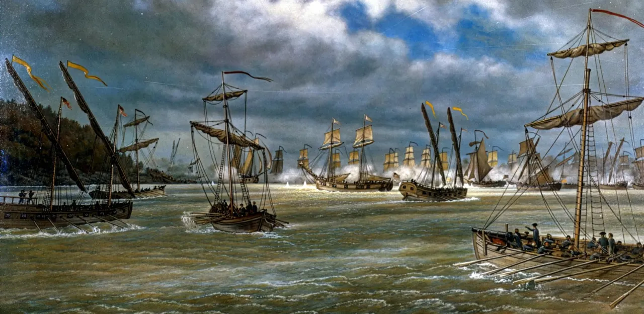 Painting of American and British vessels exchanging fire during the Battle of Valcour Island on Lake Champlain, October 11, 1776.