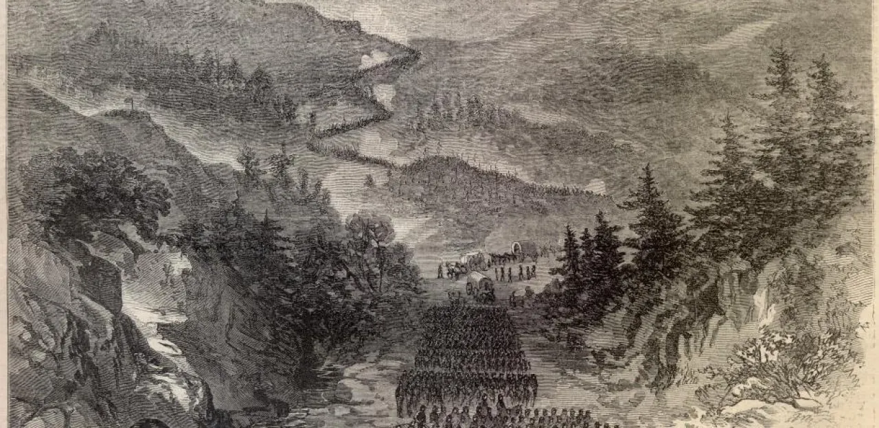 the picture shows Federal forces under the command of Gen. Burnside taking Cumberland Gap in 1863