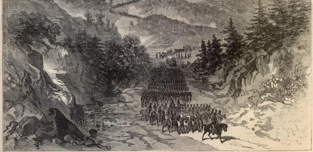 the picture shows Federal forces under the command of Gen. Burnside taking Cumberland Gap in 1863