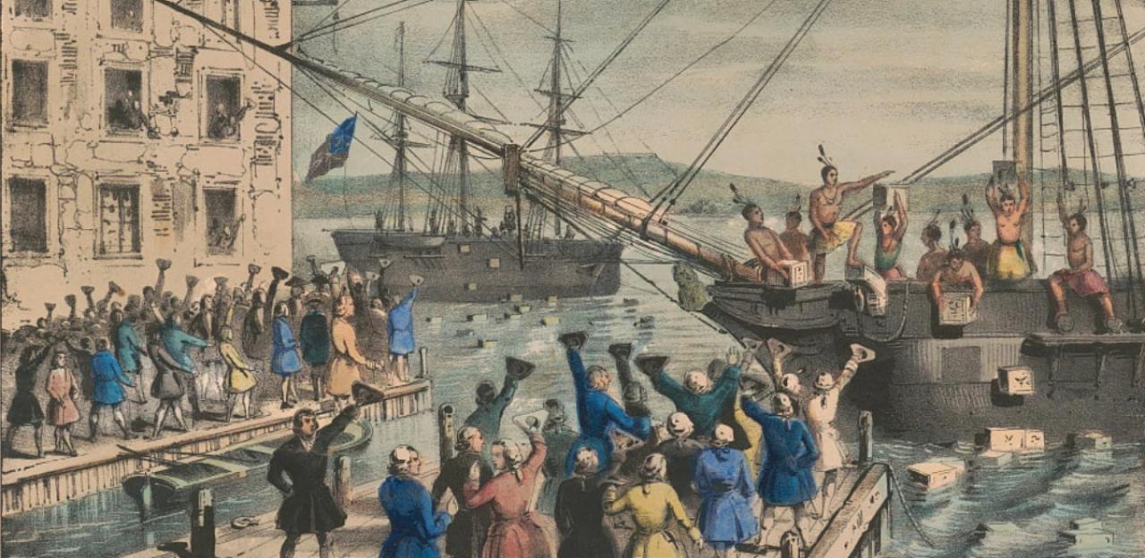 This is an image of colonial civilians dumping tea from a ship into Boston Harbor.