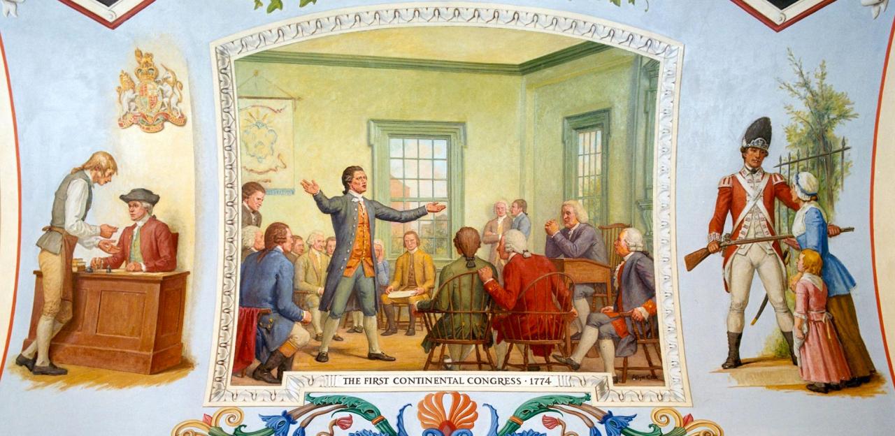 Mural from the U.S. Capitol shows delegates at Carpenter's Hall in Philadelphia discussing responses to increased British oppression.