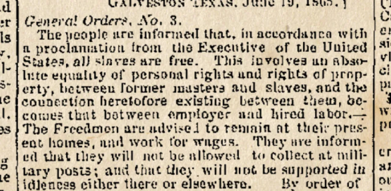 This is a photo of "General Orders, No. 3" appearing in a Galveston, Texas newspaper.