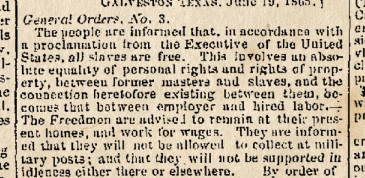 This is a photo of "General Orders, No. 3" appearing in a Galveston, Texas newspaper.