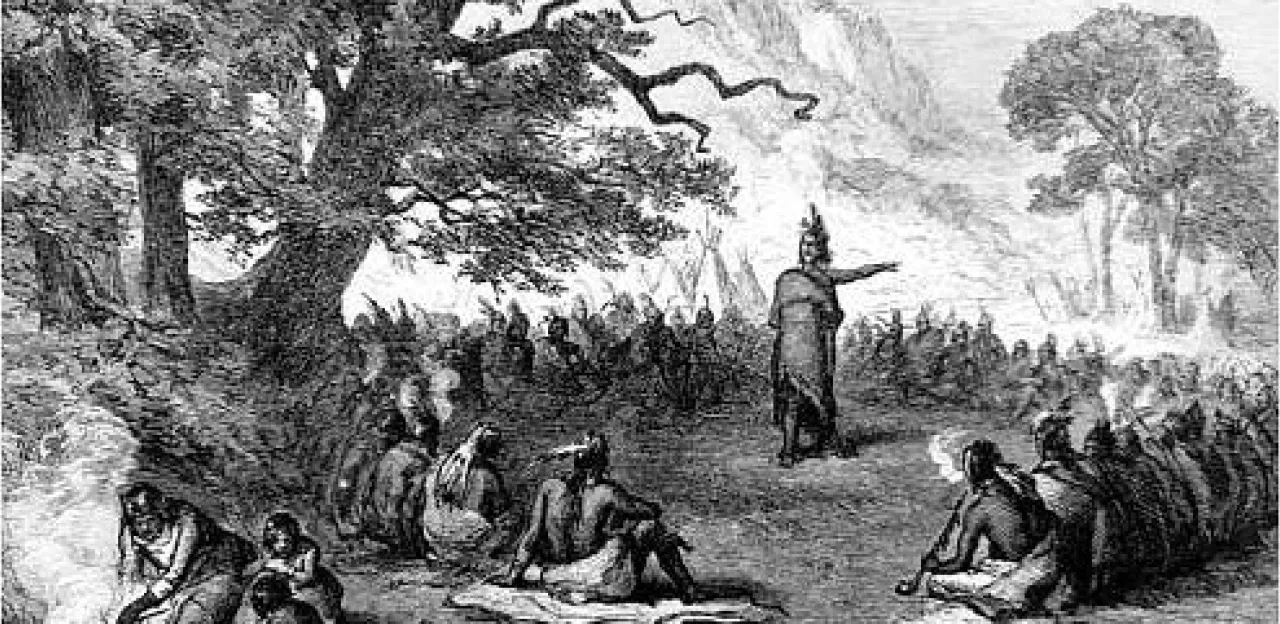 Nineteenth-century engraving depicting Ottawa leader Pontiac addressing a large council of Native American men in 1763.