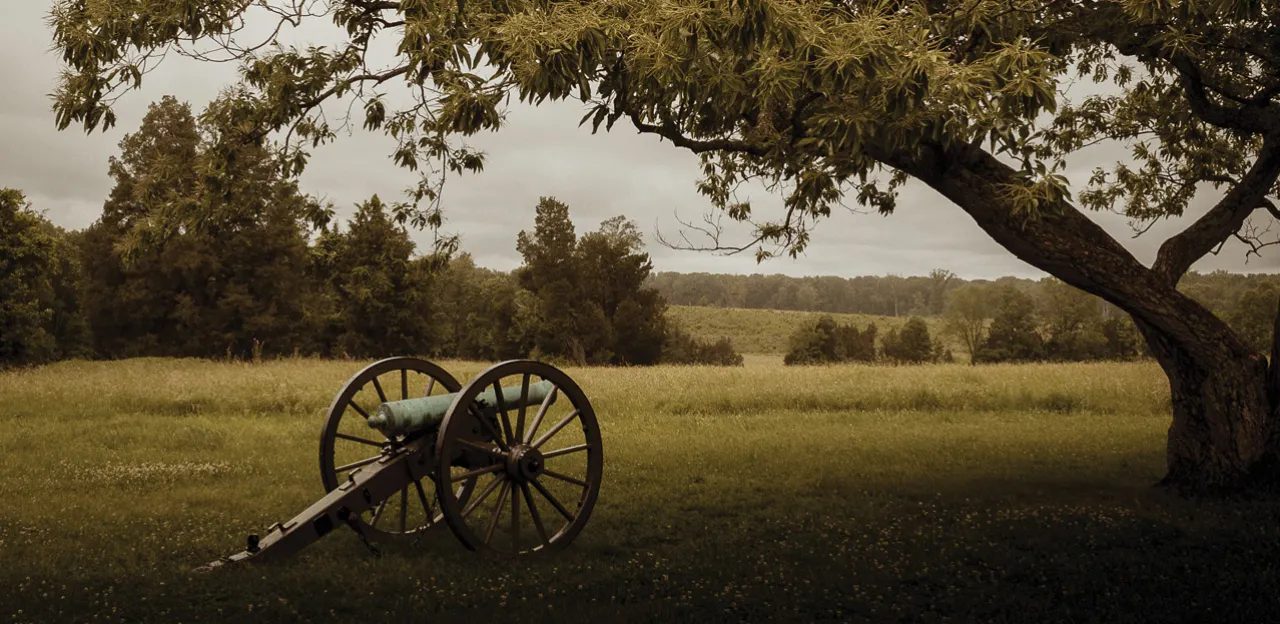 A photograph of a cannon and trees at Manassas National Battlefield Park