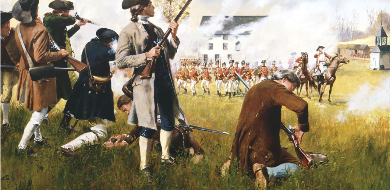 Young colonial militiamen exchange fire against British redcoats at sunrise in this painting. 