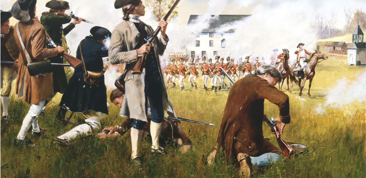 Young colonial militiamen exchange fire against British redcoats at sunrise in this painting.