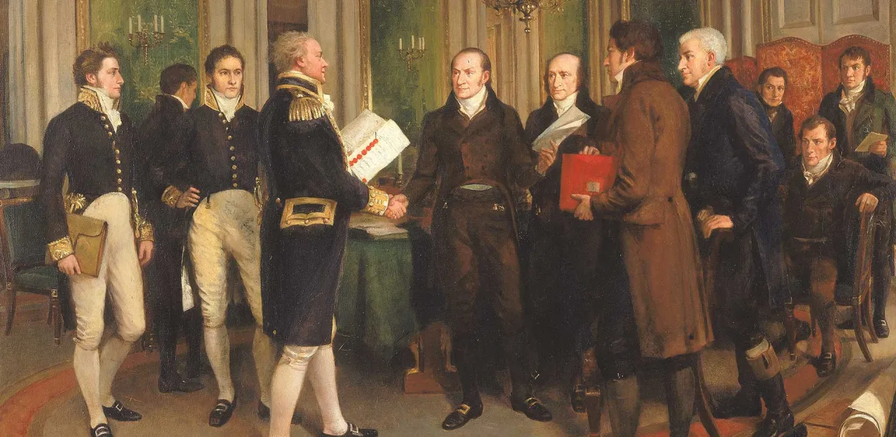 Delegates from the United States and Great Britain gather around a table to sign the Treaty of Ghent, ending the War of 1812, in a formal interior on Christmas Eve 1814.