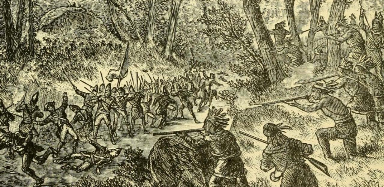 A sketch of Native Americans ambushing the British forces