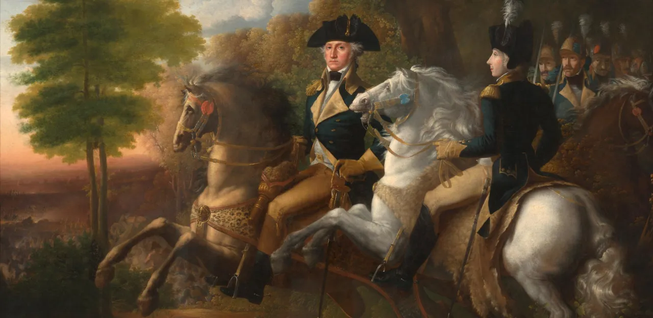 John Vanderlyn’s Washington and Lafayette at the Battle of Brandywine, depicting George Washington on horseback alongside the Marquis de Lafayette during the 1777 battle.