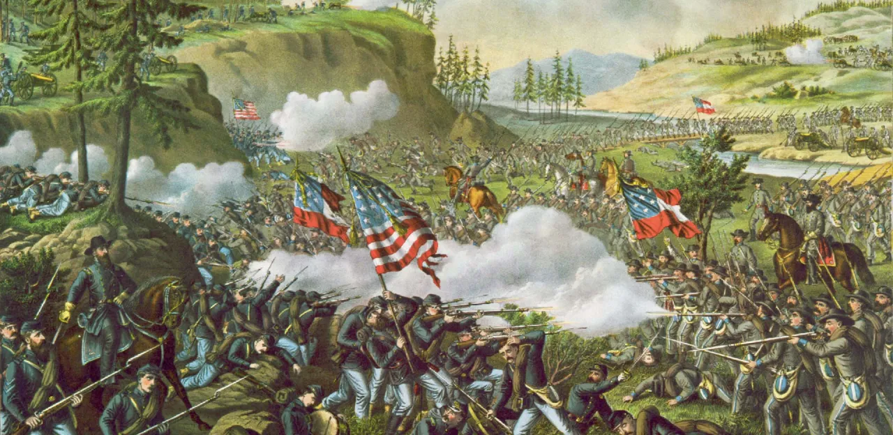 A color lithograph depicting the Battle of Chickamauga