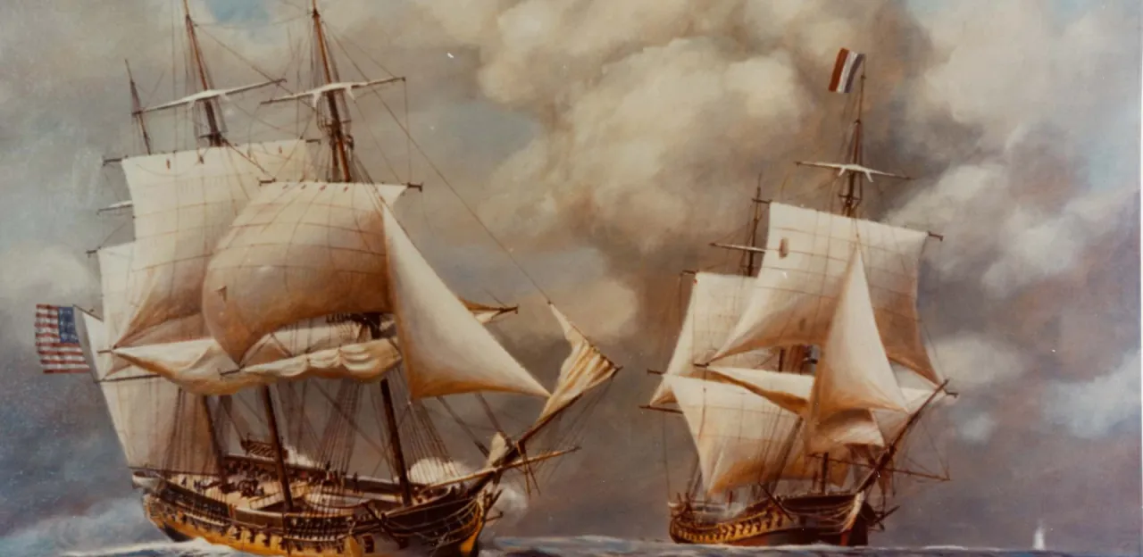The USS Constellation maneuvers ahead of the French frigate Insurgente during their naval engagement on February 9, 1799, with both sailing warships exchanging cannon fire in rough seas during the Quasi-War.
