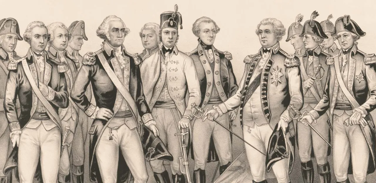 Lithograph depicting the British surrender at Yorktown, Virginia, on October 19, 1781, with American and French troops assembled for the ceremony.