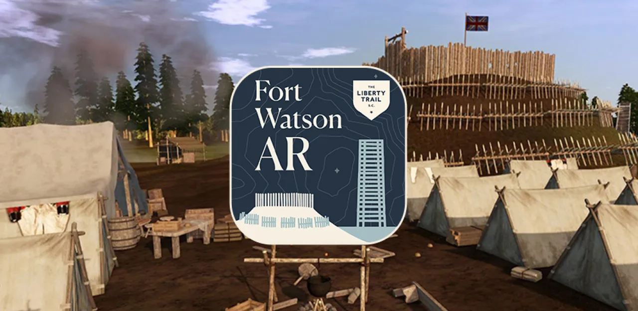 Fort Watson AR App Logo and a scene from the app showing an encampment at Fort Watson
