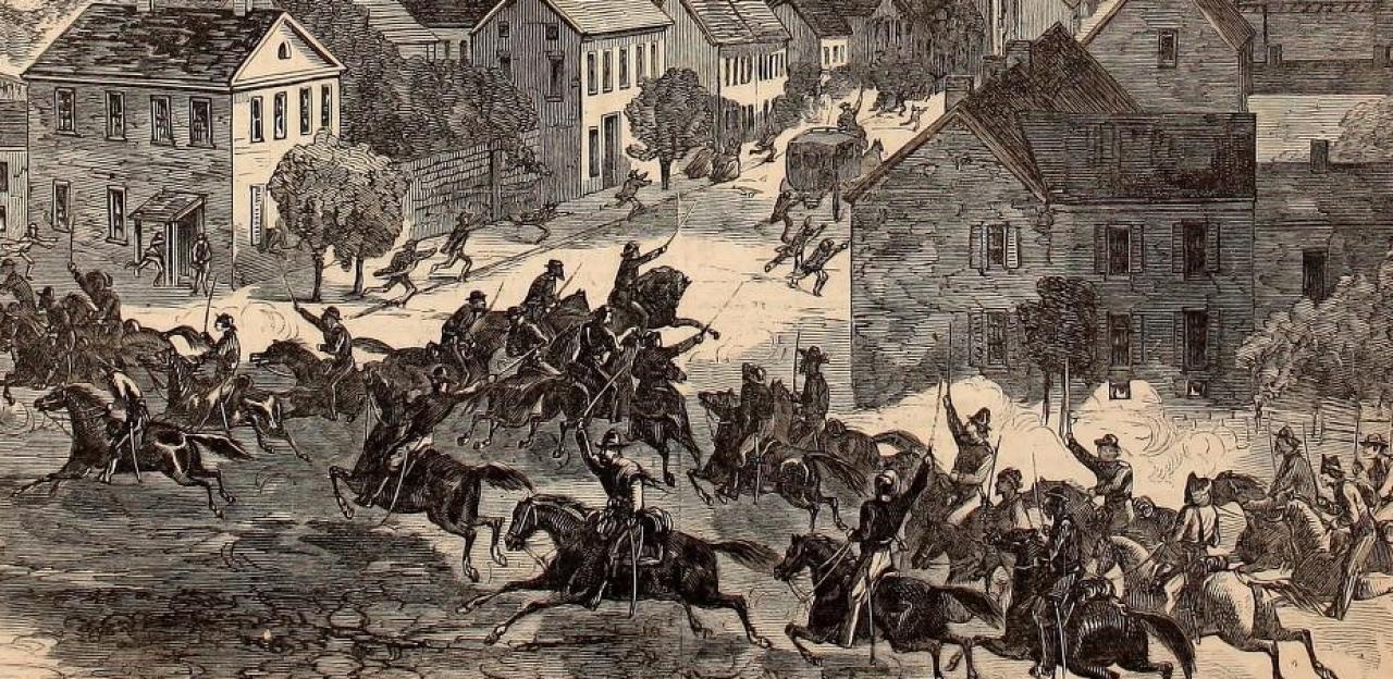 An illustration depicting the entry of Morgan's Freebooters into Washington, Ohio