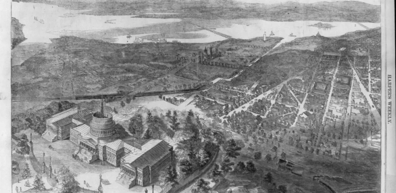 Historical illustration showing a bird's-eye view of Washington, D.C., as seen from a balloon during the early months of the Civil War.