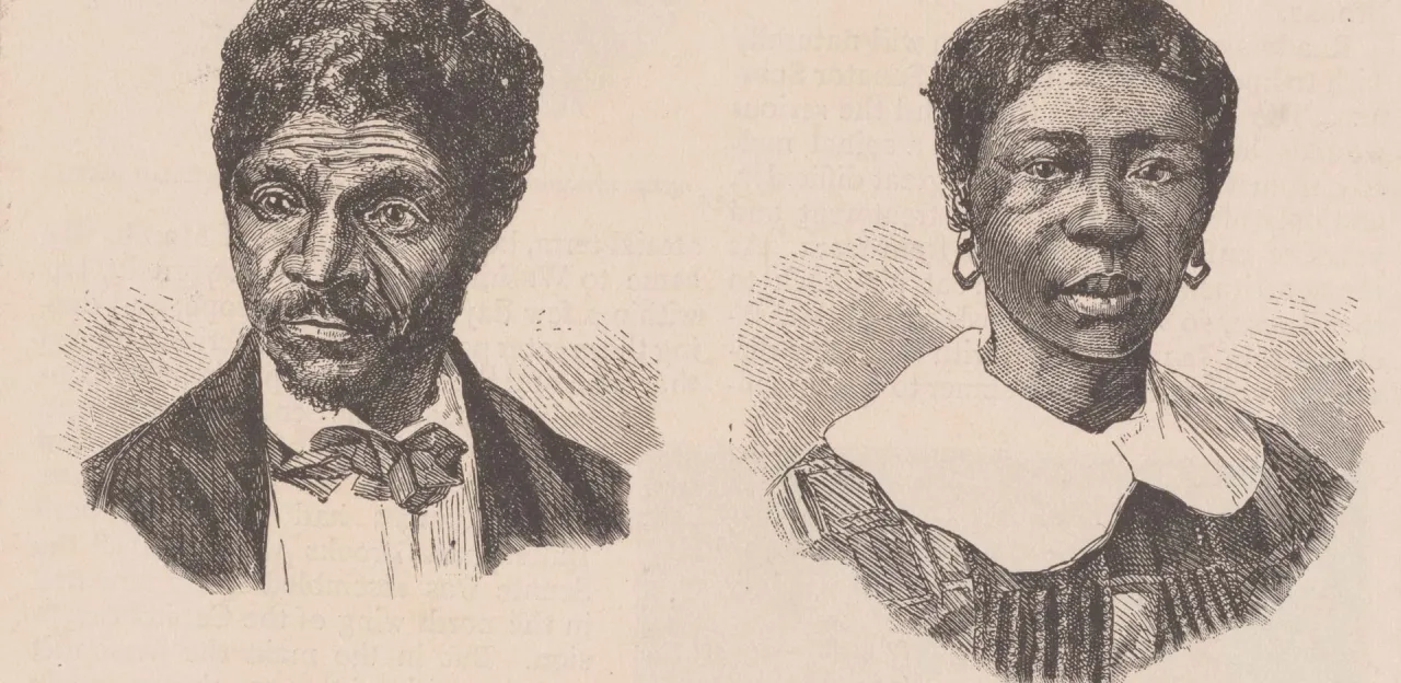 Wood engraving featuring side-by-side bust portraits of Dred Scott and his wife, Harriet Scott.