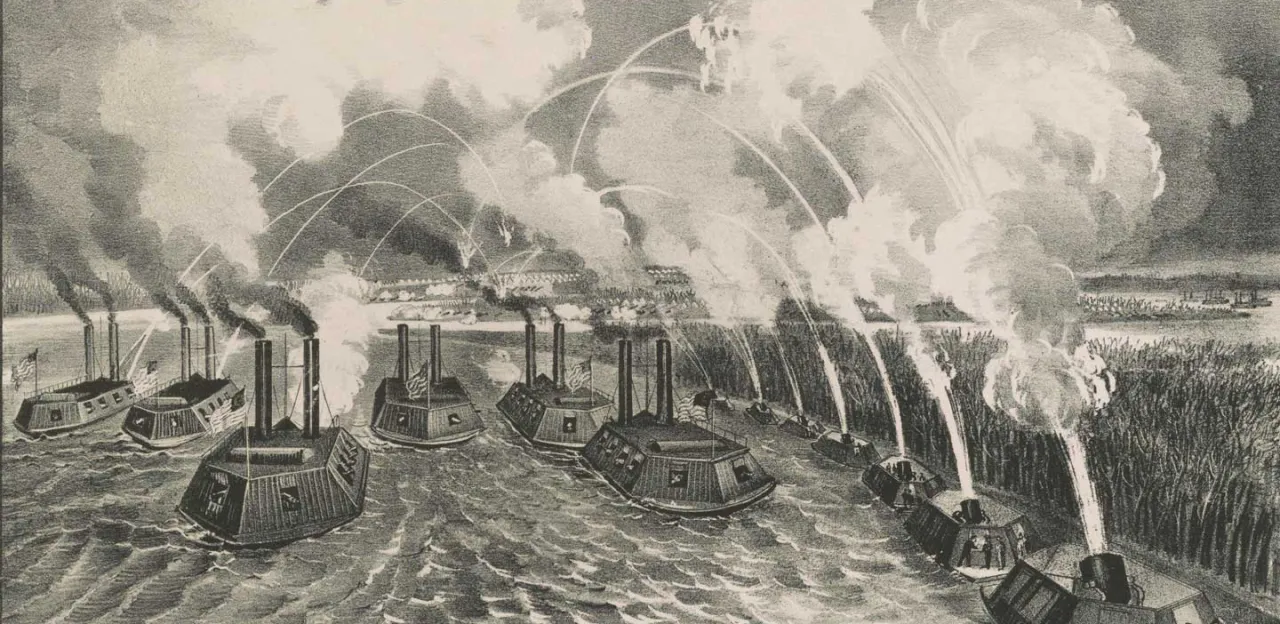 This painting depicts gunboats traveling down the Mississippi releasing steam into the air. 