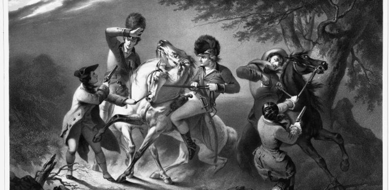 Two women disguised as Patriots threaten three British soldiers on horseback.