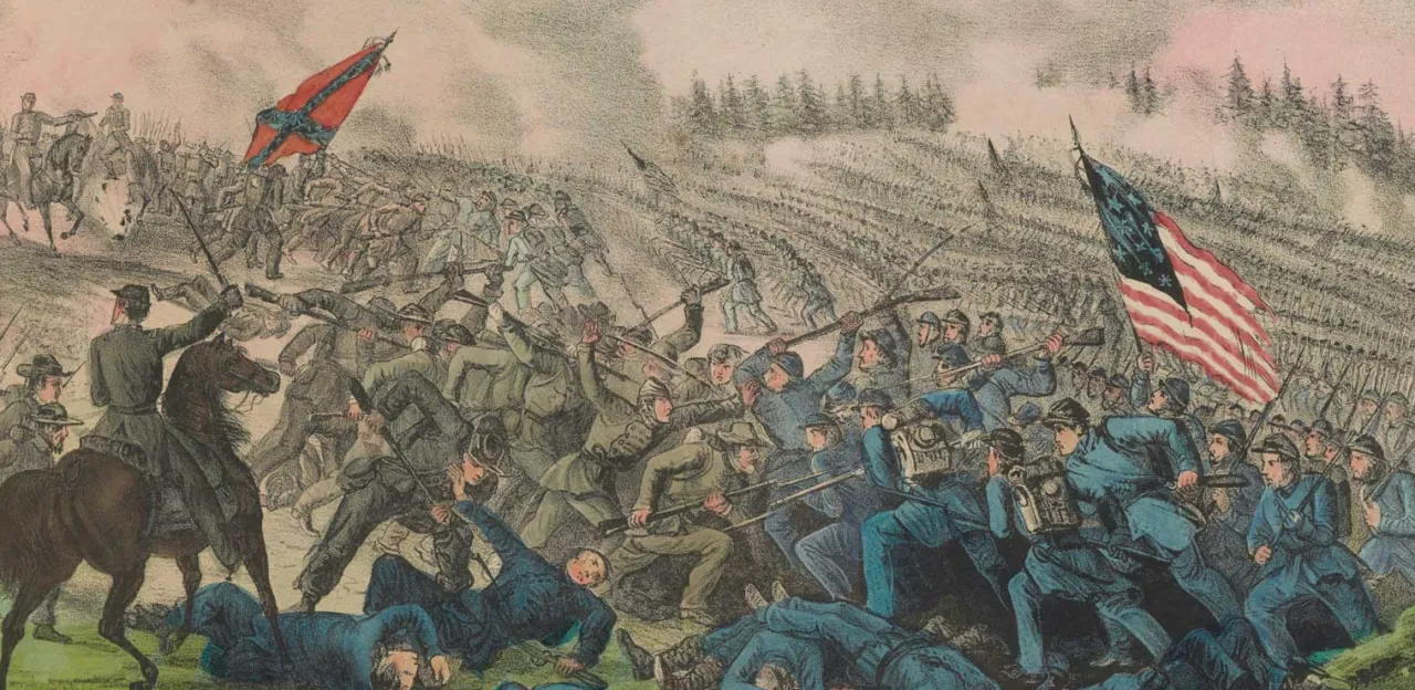 Hand-colored lithograph depicting Union and Confederate forces fighting during the Battle of Petersburg, Virginia, on April 2, 1865. Soldiers advance across the battlefield amid rifle and artillery fire as Union forces break through the Confederate defenses.