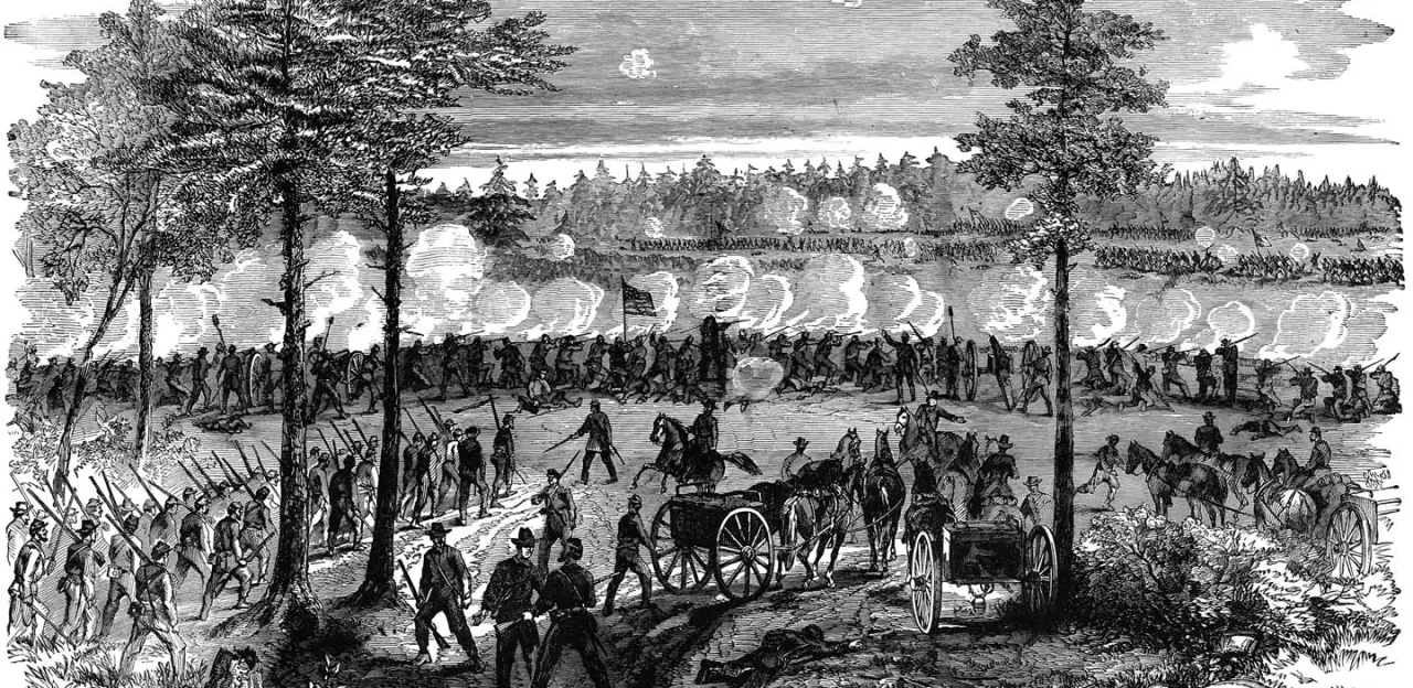 Civil War illustration depicting Union and Confederate soldiers fighting at the Battle of Ream’s Station near Petersburg, Virginia, on August 25, 1864. Soldiers exchange rifle and artillery fire around earthwork defenses during the Confederate assault on Union positions along the Weldon Railroad.