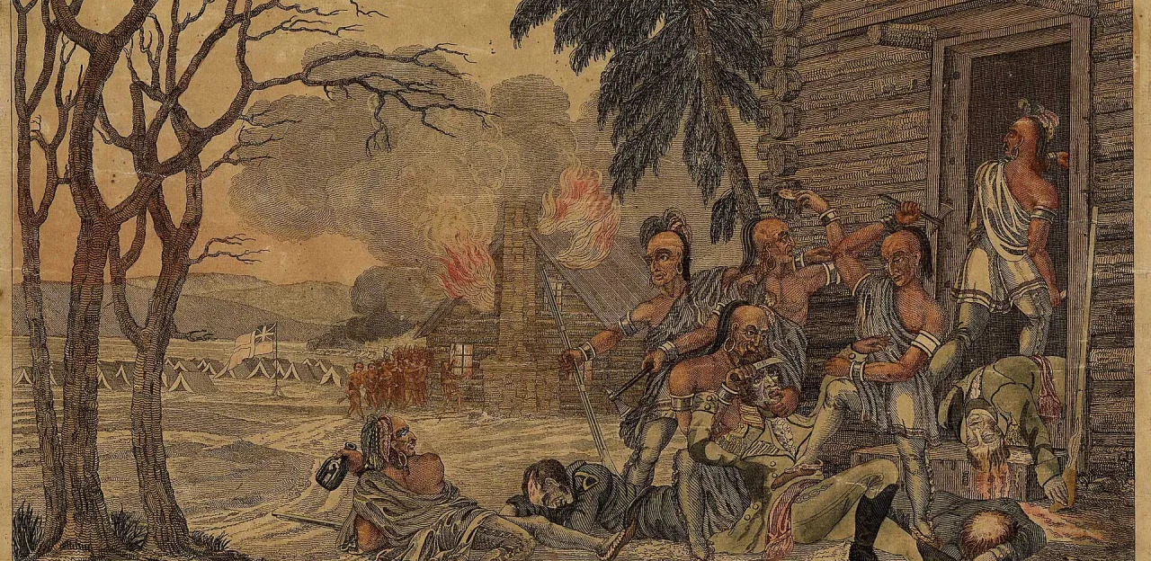 Hand-colored engraving depicting Native warriors attacking wounded American prisoners after the Battle of the River Raisin during the War of 1812.