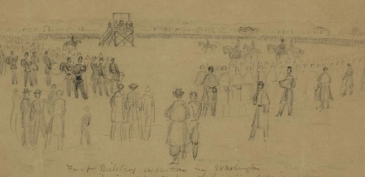 Alfred R. Waud drawing depicting Union soldiers assembled in formation around a gallows for the military execution of a private in January 1862.