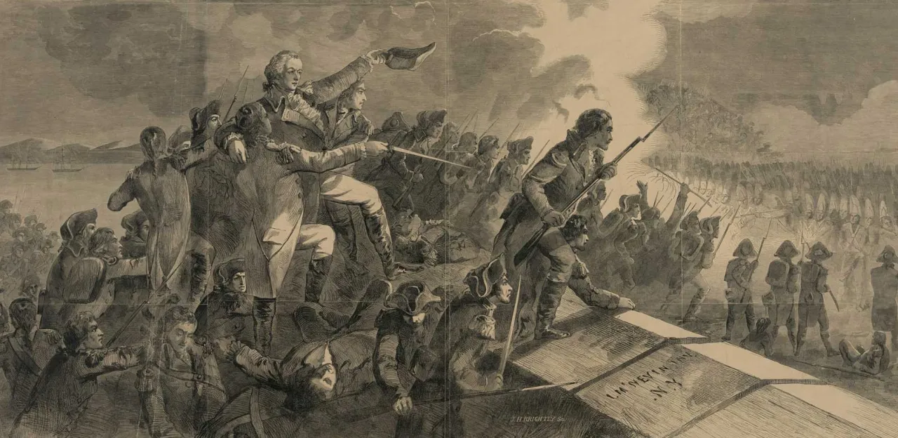 ood engraving depicting Gen. Anthony Wayne and American troops storming British fortifications during the Battle of Stony Point in July 1779.