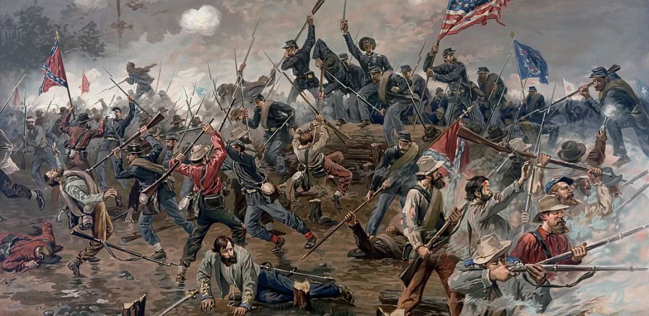 This painting depicts the violent Union assault at the Muleshoe salient.