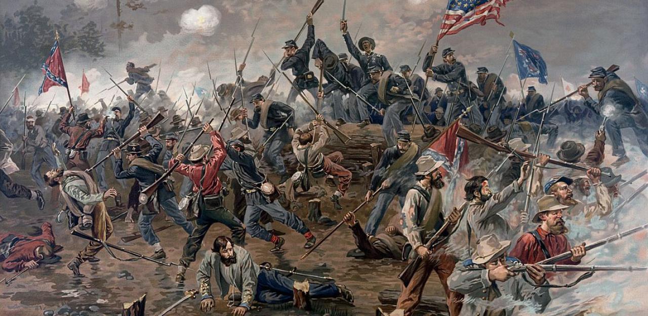 This painting depicts the violent Union assault at the Muleshoe salient. 
