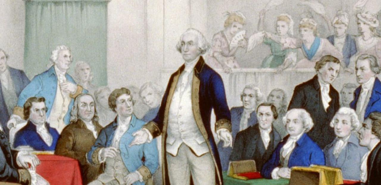 This is a painting of George Washington addressing Congress. 