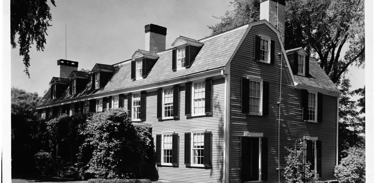 Black and white photograph of the Adams's mansion in Massachusetts