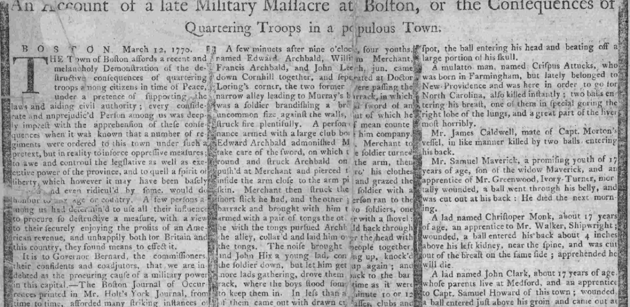 Newspaper reporting on the Boston Massacre