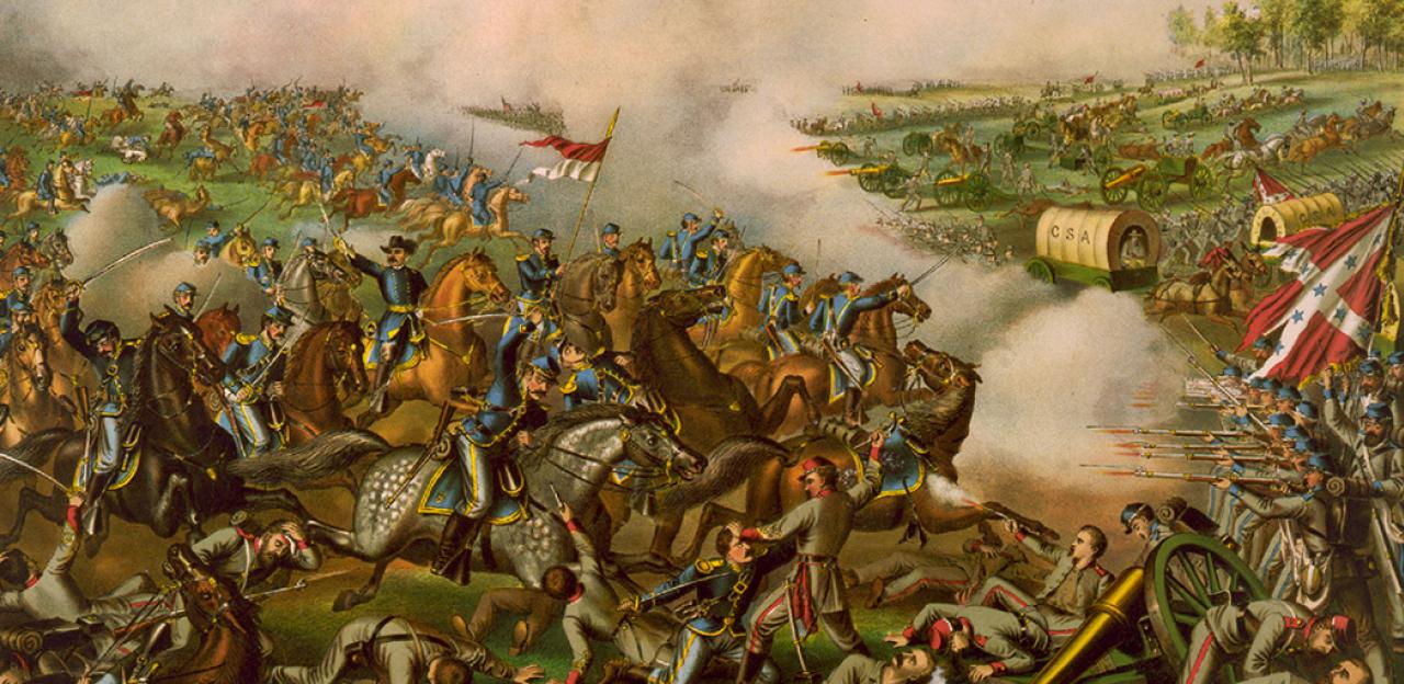 A chromolithograph print by Kurz & Allison showing a charge led by Union general Philip Sheridan at the Battle of Five Forks