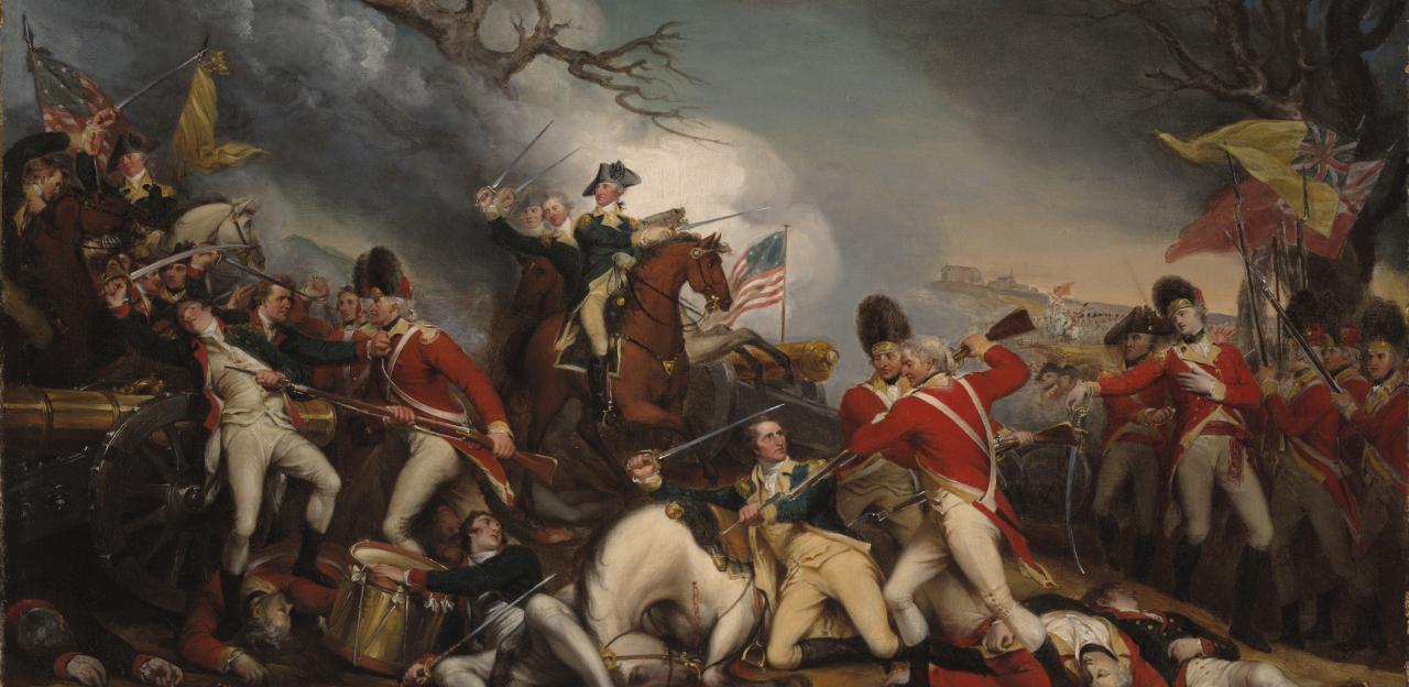 A painting illustrating British grenadiers bayoneting Gen. Hugh Mercer.