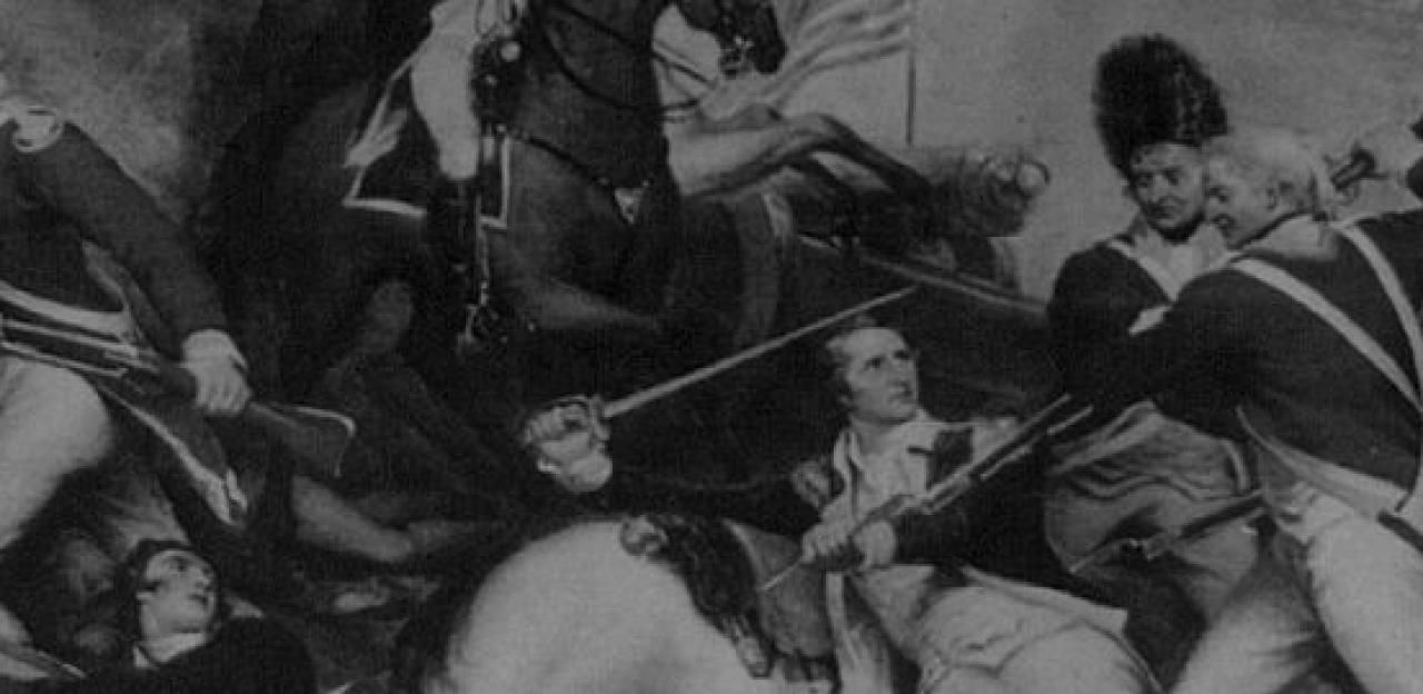 This is a close-up painting of British soldiers in wartime action. 