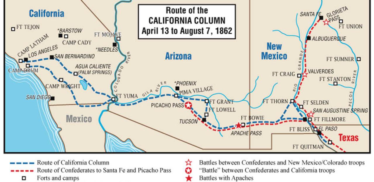 This map demonstrates the route taken by the California Column through the Arizona territory to get into Texas.